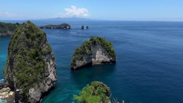 Flygdrönare utsikt över tropiska stranden, hav stenar, turkos hav och palmer. Stranden Atuh, ön Nusa Penida, Bali, Indonesien. Tropisk bakgrund och resekoncept — Stockvideo