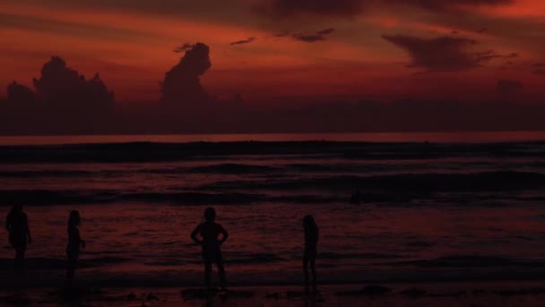 Junger Surfer, der mit seinem Surfbrett am Strand bei Sonnenuntergang auf der Insel Bali spazieren geht. Erholung und Wassersport im Urlaub in Indonesien. — Stockvideo