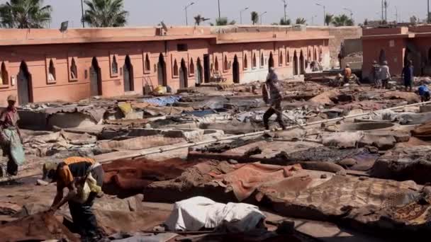 Marokko, Marrakesch - Oktober 2019: Arbeiter sammeln in einer alten traditionellen Ledergerberei Tierhäute ein, die in der Sonne trocknen — Stockvideo