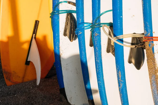 Många Blått Och Vitt Surfing Longboard Med Surffenor Och Koppel — Stockfoto