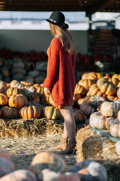 Back View Woman Brown Sweater Hat Farmers Market Stack Orange — Stock Photo, Image