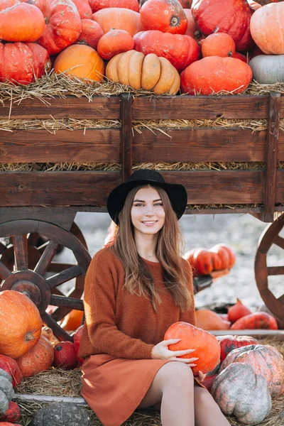 Retrato de mujer feliz sentada cerca de vagón de madera con calabaza naranja en el mercado de agricultores en suéter marrón, vestido y sombrero. Acogedoras vibraciones otoñales Halloween, Día de Acción de Gracias. — Foto de Stock