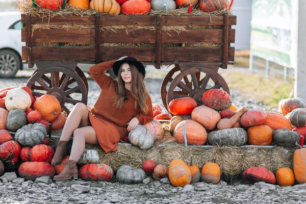 Portret van een vrolijke vrouw in de buurt van een wagen met sinaasappelpompoen op de boerenmarkt in bruine trui, jurk en hoed. Gezellige herfst vibes Halloween, Thanksgiving dag — Stockfoto