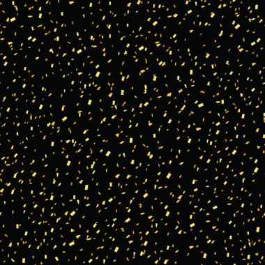 Altın konfetiyle kusursuz desen. Siyah arka planda kare kıvılcımlar olan şenlikli bir arka plan. Altın rengi parıltı dokusu. Vektör illüstrasyonu
