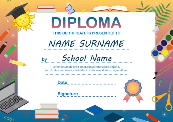 Renkli bir diploma şablonu, çocuk sertifikası. Eğitimsel anaokulu konsepti, düz tasarım. Çocuğun ismi için öğrenme sembolleri ve alan ile geçmiş yaşamını tebrik ederim. Vektör