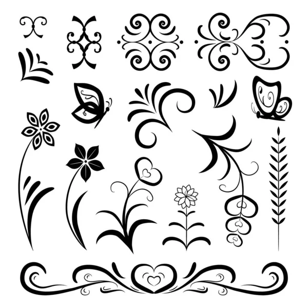 Vintage set van lineaire zwarte elementen op een witte achtergrond. Bloemen, bladeren, krullen, harten voor het versieren van romantische kaarten, uitnodigingen, boeken. Elegante symbolen voor uw ontwerp. — Stockvector