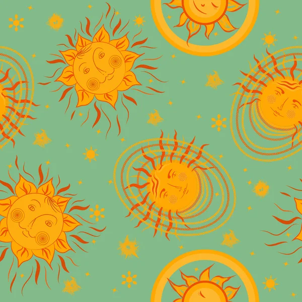 Бесшовный Рисунок Сказочными Позитивными Солнцами Летний Отпечаток Пляжа Сумки Купальники — стоковый вектор
