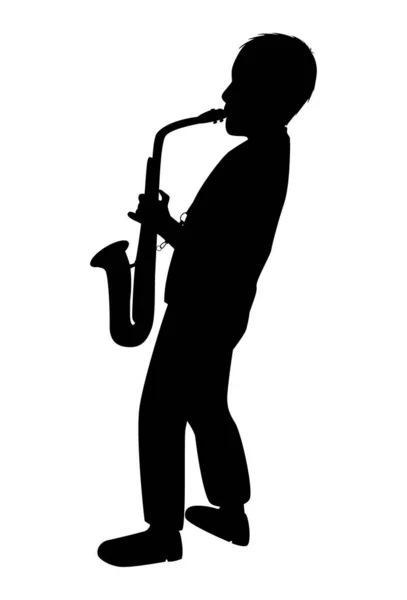 Silueta Saxofonista Sobre Fondo Blanco Joven Toca Instrumento Chico Adolescente — Vector de stock