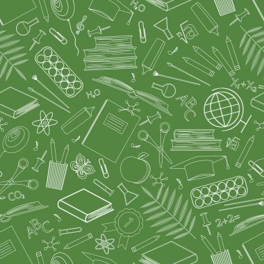 Okul malzemelerinde kusursuz desen. Yeşil arka planda çalışma için kırtasiye malzemesi simgeleri. Okul konseptine geri dönelim. Doğrusal vektör çizimi. Taslak semboller. Kağıt tasarımı, duvar kağıdı, web sitesi.