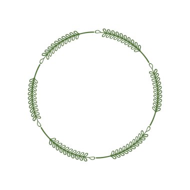 Yapraklı yeşil dallardan oluşan yuvarlak çerçeve. Logo ve etiket için tasarım şablonu. Lakonik stil çelengi. Minimalist sınır. Yaprak döken çelenk. Vektör illüstrasyonu, sopa, yaprak, buğday filizi.