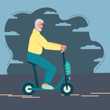 Büyükbabam scooter kullanıyor. Modern elektrik taşımacılığı, emeklilerin hareket kabiliyeti, ekolojik yaşam tarzı. Yaşlı bir adam elektrikli bir motosiklet sürüyor. Vektör çizimi, mutlu yaşlılık konsepti