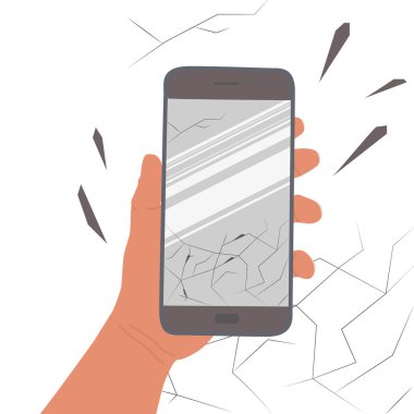 Kırık ekranlı akıllı telefonu tutan el. Cam parçaları yana saçılmış. Cep telefonunun dokunmatik ekranında hasar var. Kırık cam. Beyaz arkaplanda izole edilmiş vektör illüstrasyonu.