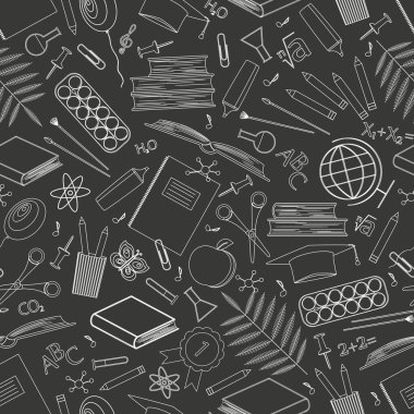Okul malzemelerinde kusursuz desen. Siyah arkaplan üzerinde çalışmak için kırtasiyenin simgeleri. Okul konseptine geri dönelim. Doğrusal vektör çizimi. Taslak semboller. Kağıt tasarımı, duvar kağıdı, web sitesi. Vektör
