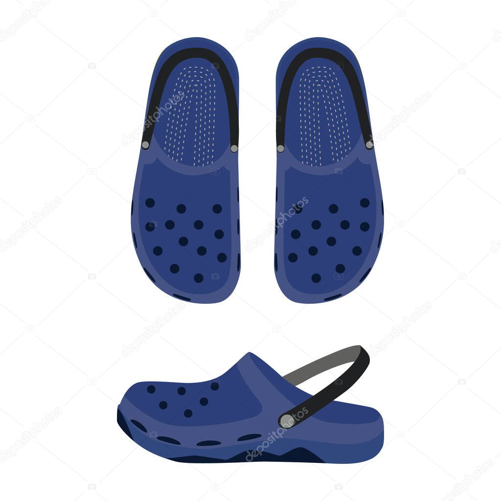 Rubber flip flops in blue. Top view and side. Summer aqua shoes with holes and strap on the heel.Silicone slates for children and adults. Sandals, Clogs, Closed Toe, Slippers. Vector flat illustration