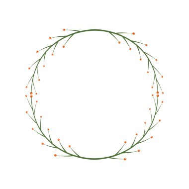 Turuncu dutlu basit bir dal parçası. Yeşil yapraklı kenar ekin. Davetiye tasarımı için şık bir çelenk, tebrik kartları, etiket, etiket. Çiçek çerçevesi çok narin bir dekoratif unsur. Vektör