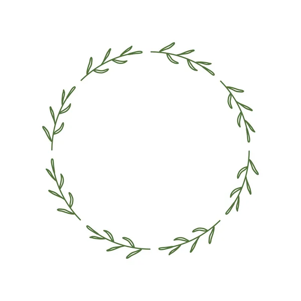 有等长分枝的简单圆形花环 一片绿叶的边沿 装饰设计元素 邀请函 农舍的涂鸦框 在白色背景上孤立的向量图 — 图库矢量图片