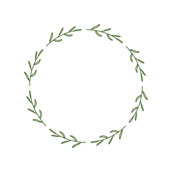 Basit yuvarlak çelenk ve kontur dalları. Yeşil yapraklardan oluşan bir sınır. Dekoratif tasarım öğesi. Logo, davetiye, çiftlik evi için dekor çerçevesi. Beyaz arkaplanda izole edilmiş vektör illüstrasyonu