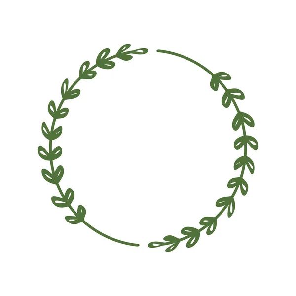 Yapraklı iki yeşil daldan oluşan yuvarlak bir çerçeve. Logo, davetiye ve selamlama için tasarım şablonu. Lakonik stil çelengi. Minimalist çiçek sınırı. Yaprak döken çelenk. Vektör illüstrasyonu, sopa, yaprak