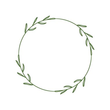 Basit yuvarlak çelenk ve kontur dalları. Yeşil yaprakların sınırı. Dekoratif tasarım öğesi. Logo, davetiye, çiftlik evi için dekor çerçevesi. Vektör illüstrasyonu beyaz arkaplanda izole edildi