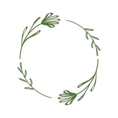 Çizgili çiçeklerden oluşan dekoratif bir çelenk. Dallardan, yapraklardan, soyut çiçeklerden oluşan bir sınır. Basit, minimalist tarzda zarif bir çerçeve. Davetiye tasarımı, tebrik kartları, etiket, etiket. Vektör
