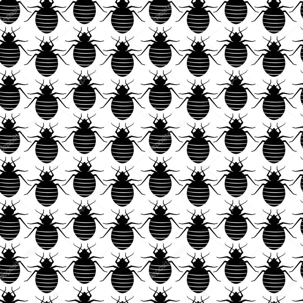 Seamless pattern with bedbugs in a row. Vector texture with black insects on a white background. Bed bugs wallpaper. Flat illustration, design of parasite controls.
