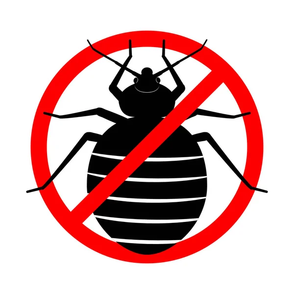 ベッドの虫はいない 抗ベッドバグ 禁止記号を入力します 害虫駆除のサインだ シミ科のアイコン 赤い丸が血の塊と交差した 消毒シンボル ベクトルフラットイラスト 白の黒絵 — ストックベクタ