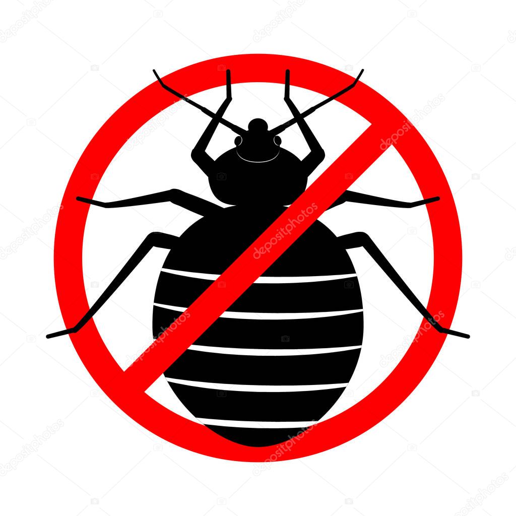 No bed bugs. Anti bedbug. Insect prohibition sign. Pest control sign. Cimicidae icon. Red crossed circle with a bloodsucker. Disinfection symbol. Vector flat illustration. Black drawing on white