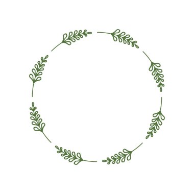 Yapraklı yeşil dallardan oluşan zarif yuvarlak çerçeve. Lakonik stil çelengi. Minimalist sınır. Logo, etiket, davetiye, tebrik kartı, etiket için tasarım şablonu. Vektör illüstrasyonu, sopa, yaprak, filiz
