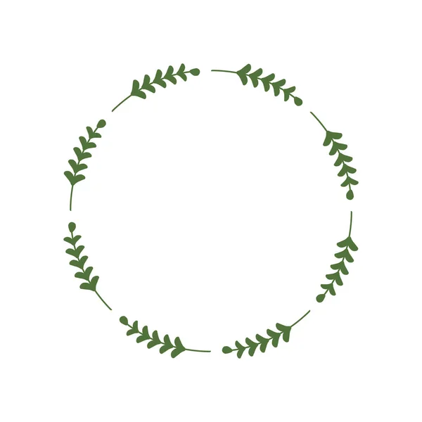 Yeşil yaprak çemberi. Yeşil dallardan oluşan yuvarlak bir çerçeve. Logo, davetiye ve selamlama için tasarım şablonu. Lakonik stil çelengi. Minimalist sınır. Yaprak döken çelenk. Vektör illüstrasyonu, sopa, yaprak