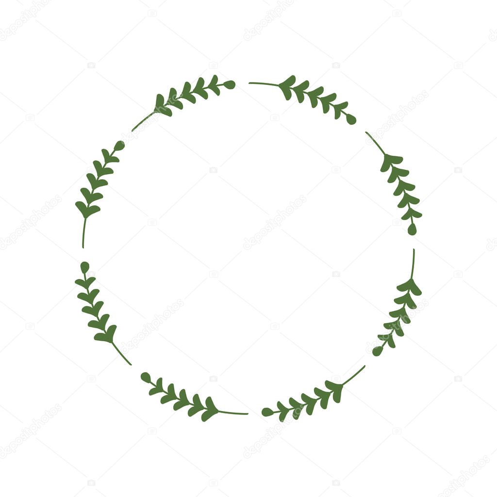 Circle of green leaves. Round frame of green twigs. Design template for logo, invitation, greetings. Laconic stylish wreath. Minimalist border. Deciduous wreath. Vector illustration, stick, leaf