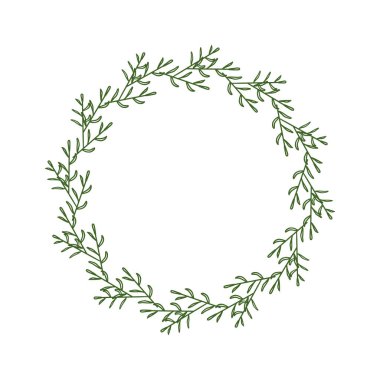 Yeşil dallardan bir çelenk. Elle çizilmiş yapraklardan yapılmış yuvarlak çiçek çerçevesi. Çiçek sınırı doğrusal olarak. Dekoratif tasarım öğesi. Logo, davetiye, çiftlik evi için dekor çerçevesi. Vektör illüstrasyonu