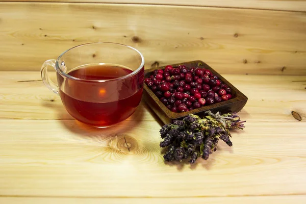 Cranberry Red Wooden Bowl Cranberry Juice Wooden Background Concept Health — Stock Photo, Image