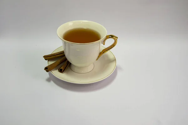 Porcelain Tea Cup Isolated White Cinnamon Sticks Concept Autumn — Stock Photo, Image