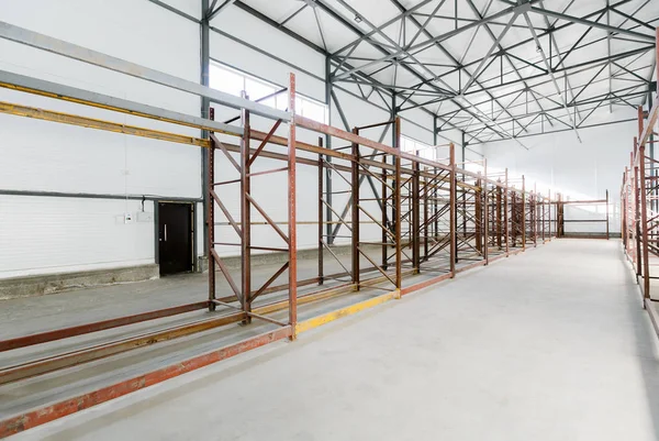 Interior of empty warehouse with empty racks