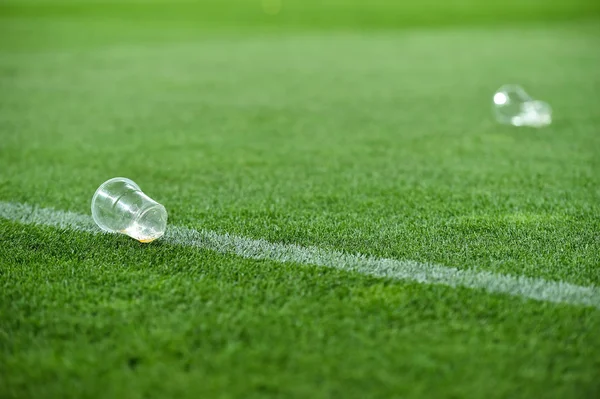 Plastic Trash Can Turf Soccer Field — Stock Photo, Image