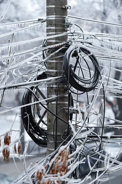 Cables Eléctricos Cubiertos Hielo Después Del Fenómeno Lluvia Congelada —  Fotos de Stock