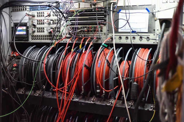 Cables and control panel of a television broadcast truck — Stock Photo, Image