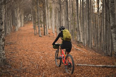 Prahova/Romanya - 28 Ekim 2018: sonbahar dağ sahne seyahat çantaları ile donatılmış bir dağ bisikleti ile sürme.