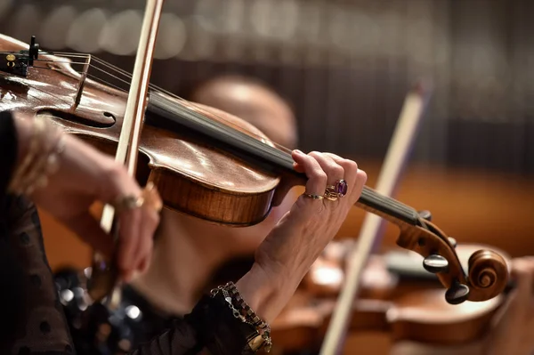 Viool Spelers Hand Detail Tijdens Filharmonisch Orkest Prestaties Rechtenvrije Stockafbeeldingen