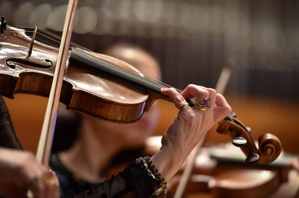 Viool Spelers Hand Detail Tijdens Filharmonisch Orkest Prestaties Stockafbeelding