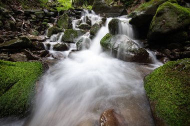 Güzel dağ rainforest şelale hızlı akan su ve kayalar, uzun pozlama ile.