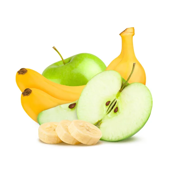 Geïsoleerde vruchten. Groene appels en bananen op witte achtergrond. — Stockfoto