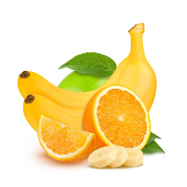 Frutos isolados. Maçãs verdes, laranjas e bananas sobre fundo branco . — Fotografia de Stock