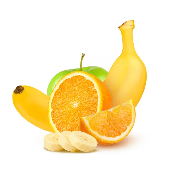 Frutos aislados. Manzanas verdes, naranjas y plátanos sobre fondo blanco . —  Fotos de Stock