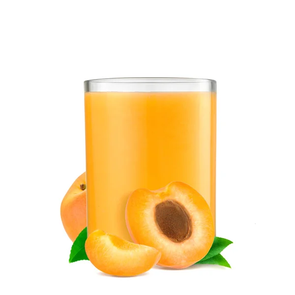 Orange apricots with leaf and apricot juice isolated on a white background — Stock Photo, Image