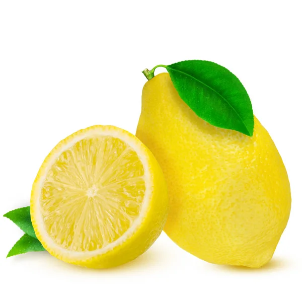 Lemon. Fruto con la mitad y hojas aisladas en blanco —  Fotos de Stock