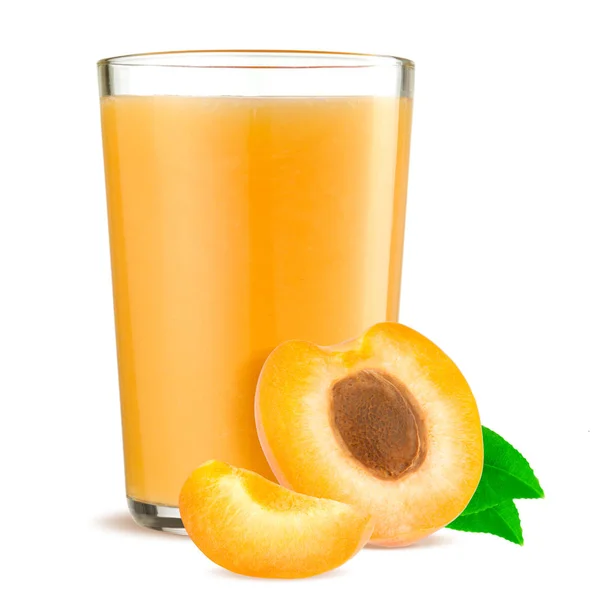 Πορτοκαλί βερίκοκα με φύλλα και χυμό βερίκοκου απομονωθεί σε λευκό φόντο — Φωτογραφία Αρχείου