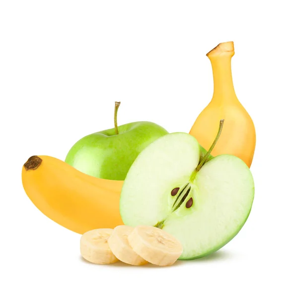 Frutos aislados. Manzanas verdes y plátanos sobre fondo blanco . —  Fotos de Stock
