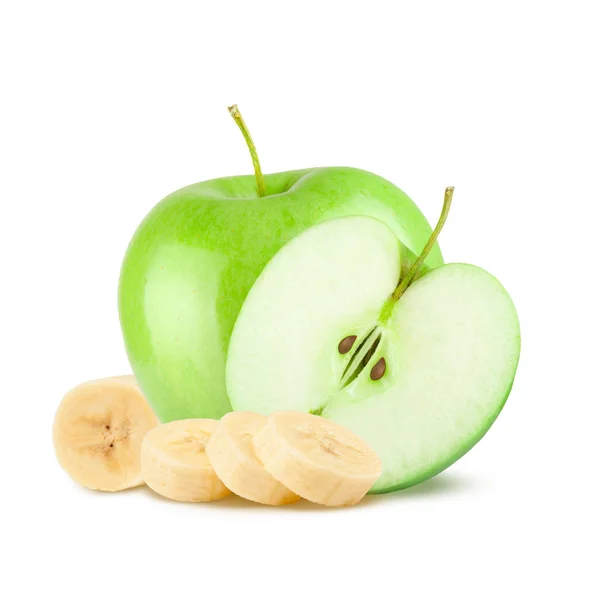 孤立的水果。绿色苹果和香蕉在白色背景. — 图库照片