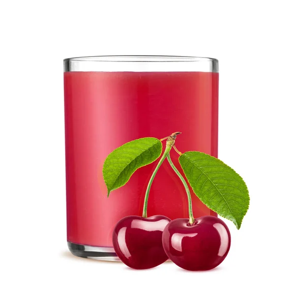 Verre de jus de cerise et deux cerises isolées sur fond blanc — Photo